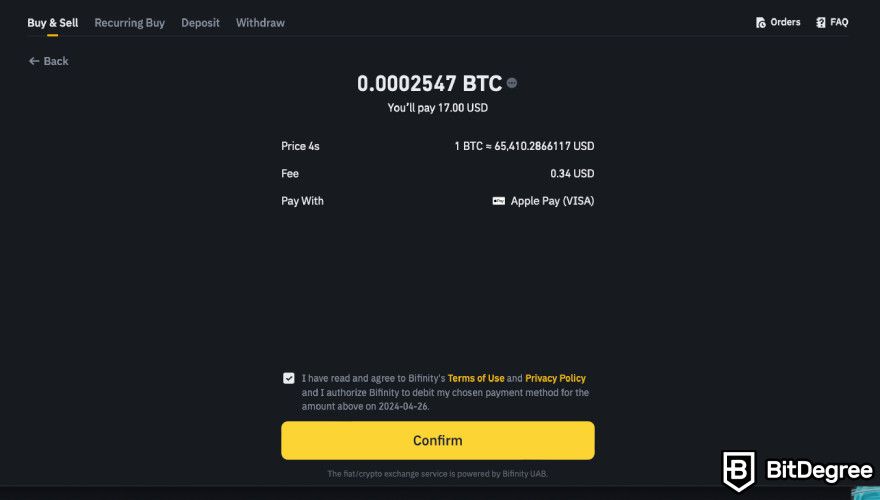 How to use Apple Pay on Binance: confirming the purchase on the browser.