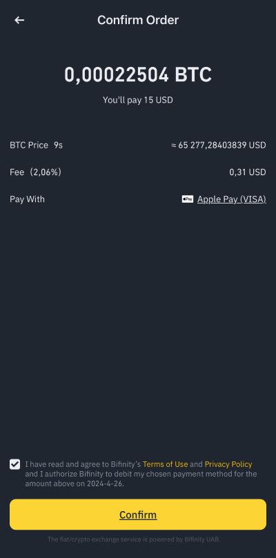 How to use Apple Pay on Binance: confirming an order on the mobile app.