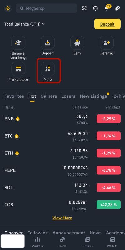 How to use Apple Pay on Binance: the [More] button on the mobile app.