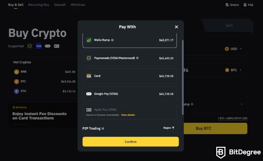 How to use Apple Pay on Binance: choosing a payment method on the browser.