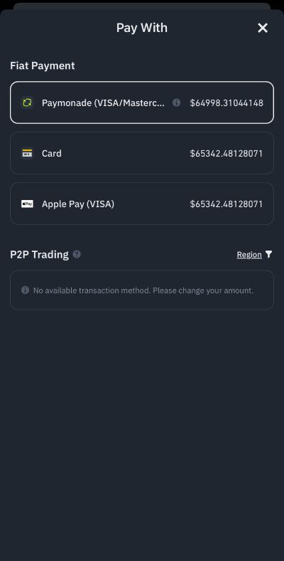 How to use Apple Pay on Binance: choosing a payment method via the mobile app.