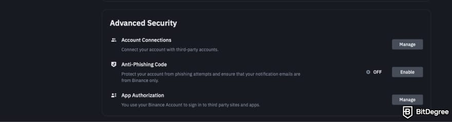 Is Binance safe: a screenshot of Binance Advanced Security settings.