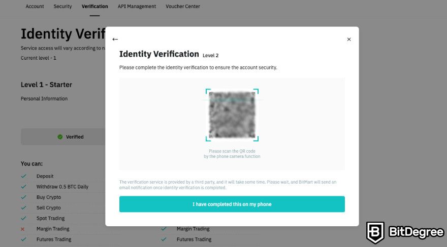 How to use BitMart exchange: identity verification QR code.