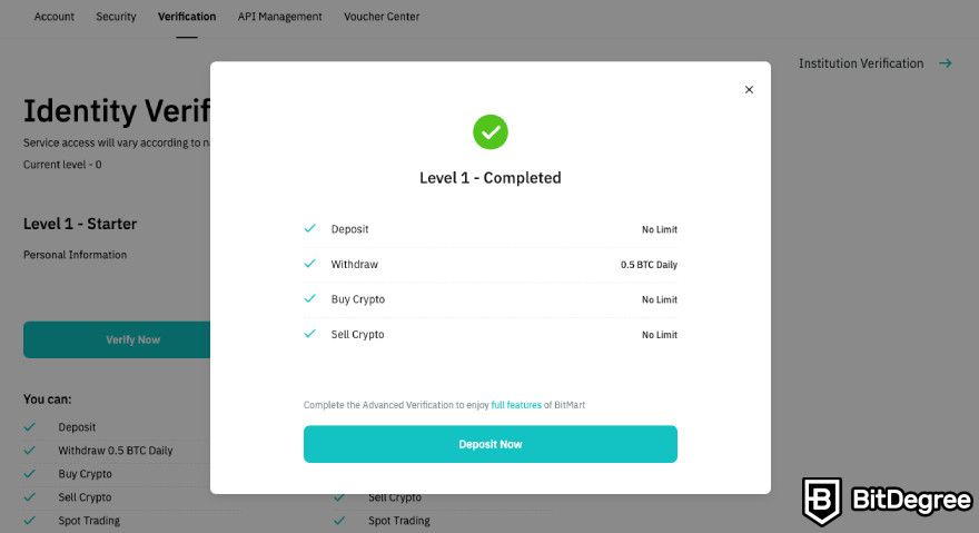 How to use BitMart exchange: level 1 KYC verification completed.