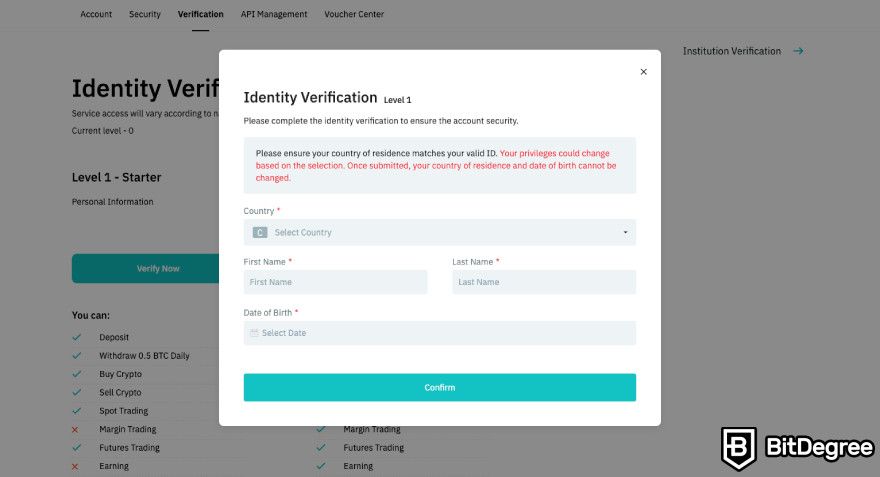 How to use BitMart exchange: level 1 KYC verification window.