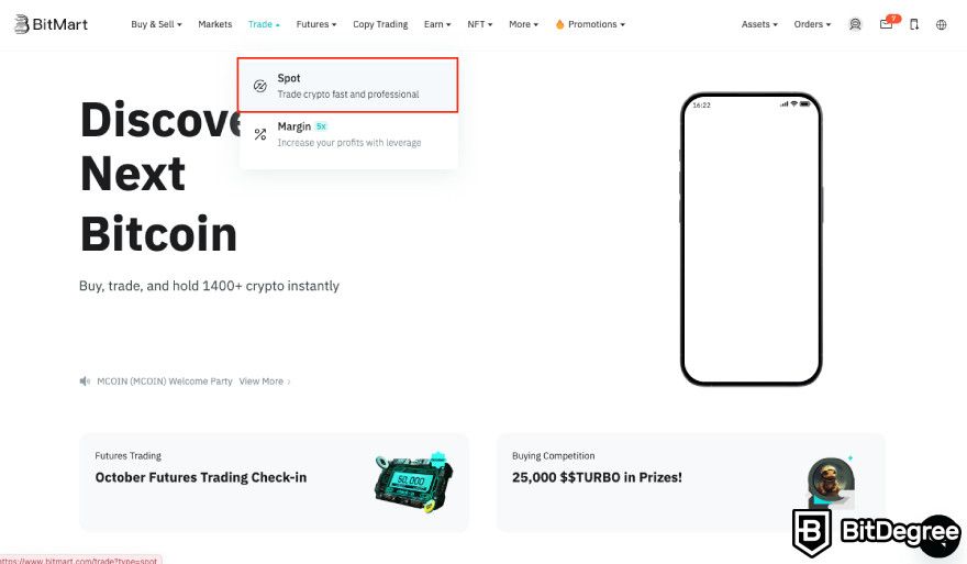 How to use BitMart exchange: accessing spot trading.