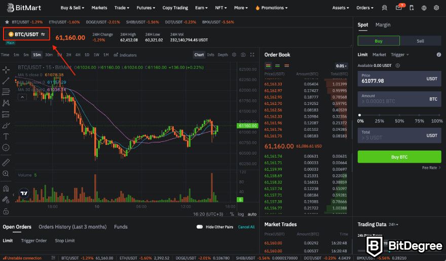 How to use BitMart exchange: choosing spot trading pair.