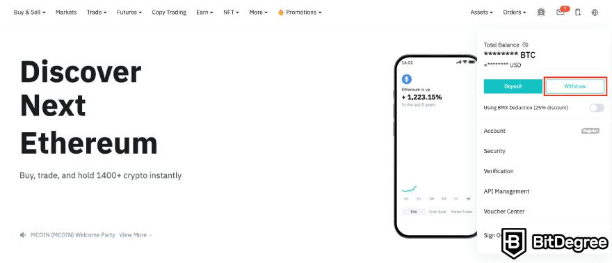 How to use BitMart exchange: accessing crypto withdrawal.