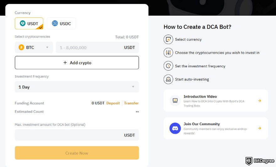 How to use Bybit trading bot: DCA Bot creation page.