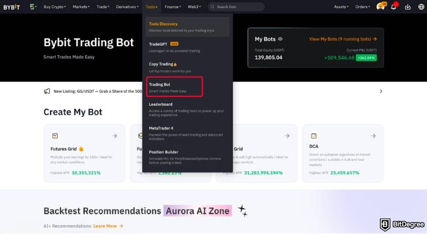 How to use Bybit trading bot: tools dropdown.