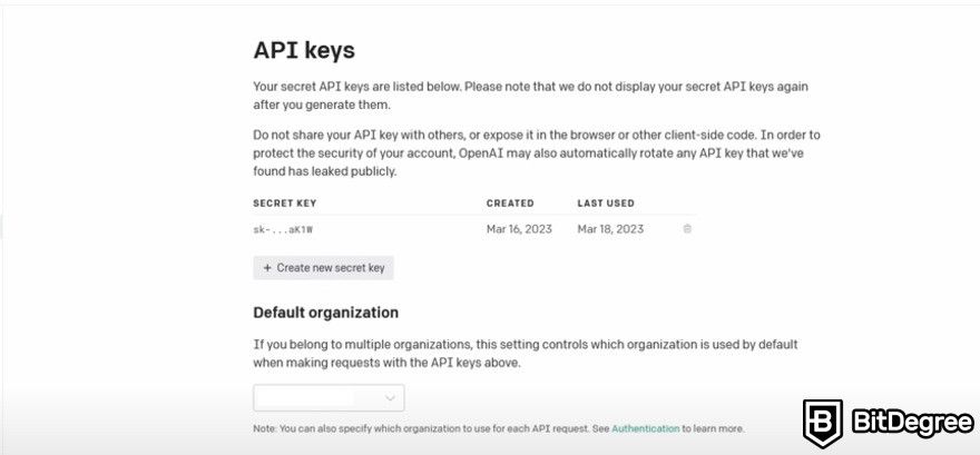How to use ChatGPT: API token page.