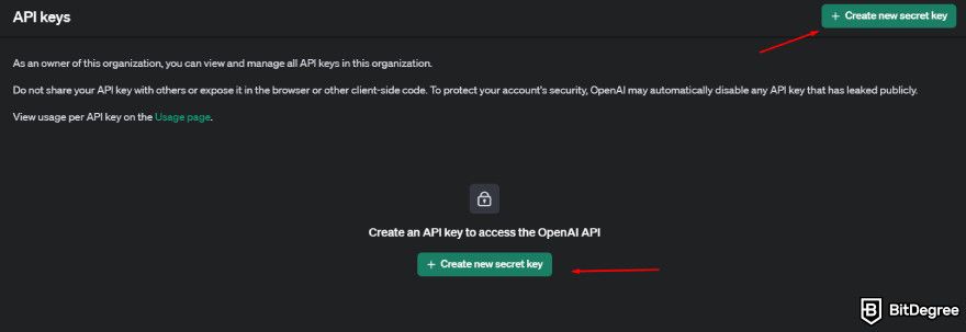 How to use ChatGPT API: two red arrows pointing to '+ Create new secret key' buttons.