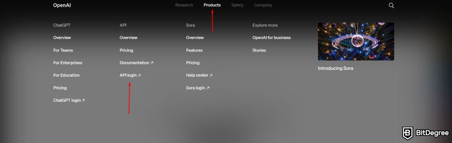 How to use ChatGPT API: two red arrows pointing to Products and API login buttons.