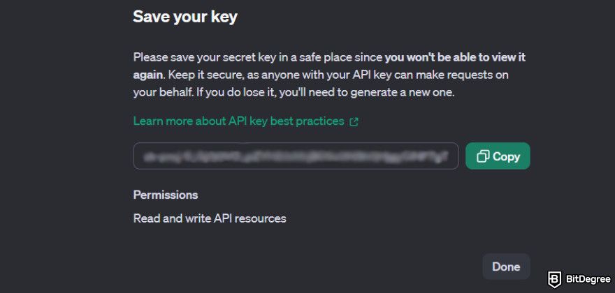 How to use ChatGPT API: generated OpenAI's API secret key.