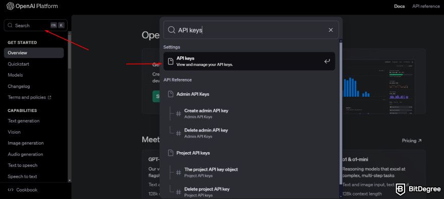 How to use ChatGPT API: two red arrows pointing to search and API keys.