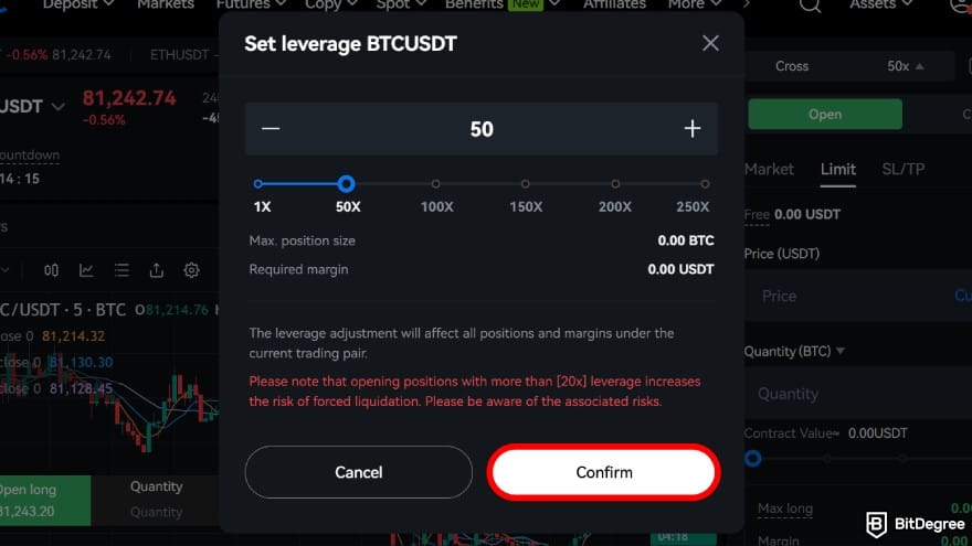 How to use crypto exchange for beginners: adjust leverage.