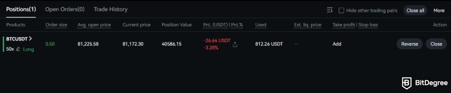 How to use crypto exchange for beginners: open position details.