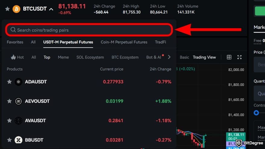 How to use crypto exchange for beginners: find your preferred futures trading pair.