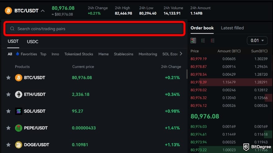 How to use crypto exchange for beginners: find trading pairs.