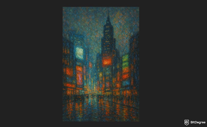 How to use DALL-E: a cyberpunk city through an impressionist view.