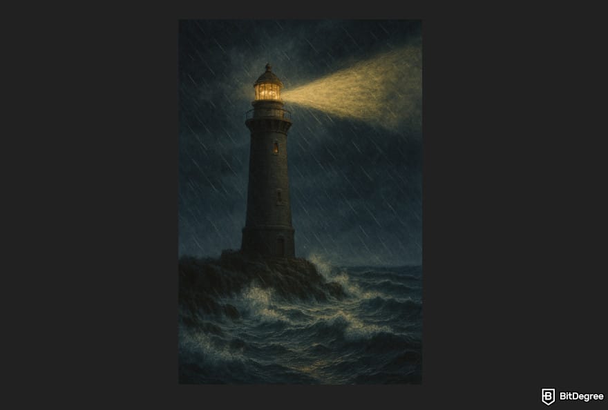 How to use DALL-E: a single lighthouse on a stormy night.