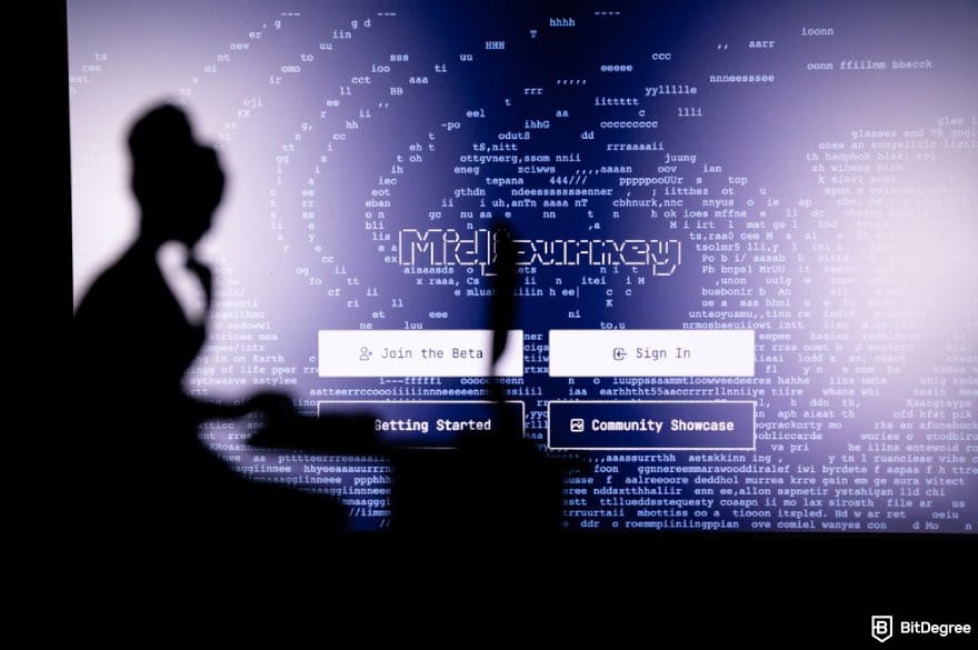 How to use DALL-E: a silhouette of a person in front of a screen displaying the Midjourney interface.