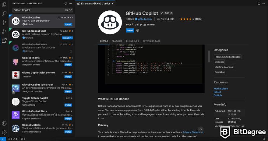 How to use GitHub Copilot: Copilot extension page.