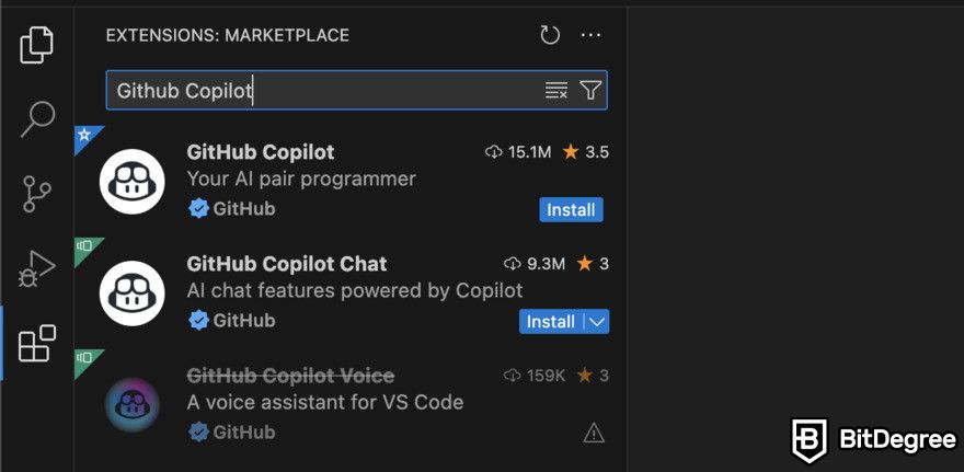 How to use GitHub Copilot: VS code extensions search.