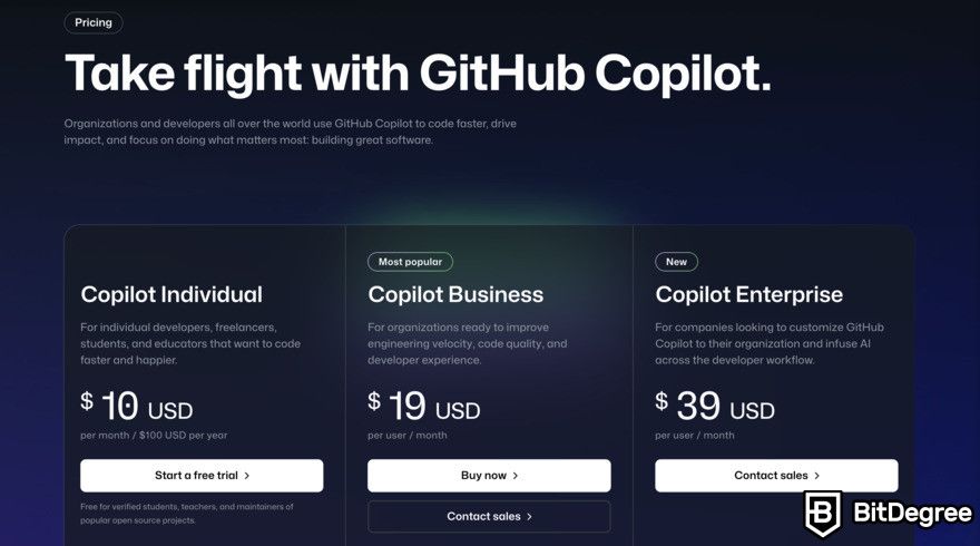 How to use GitHub Copilot: Pricing page.