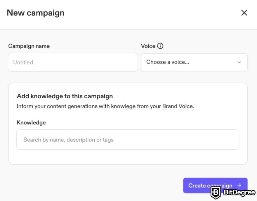 How to use Jasper AI: New campaign window to enter information.