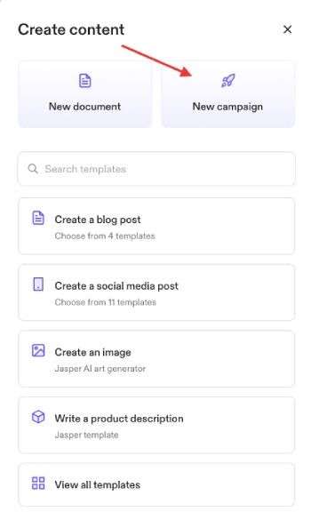 How to use Jasper AI: Content creation window with an arrow pointing to new campaign.