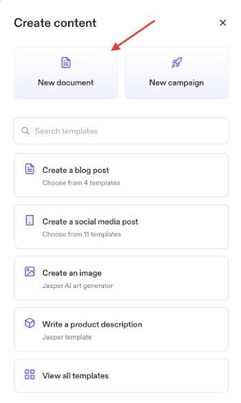 How to use Jasper AI: Content creation window with an arrow pointing to new document.