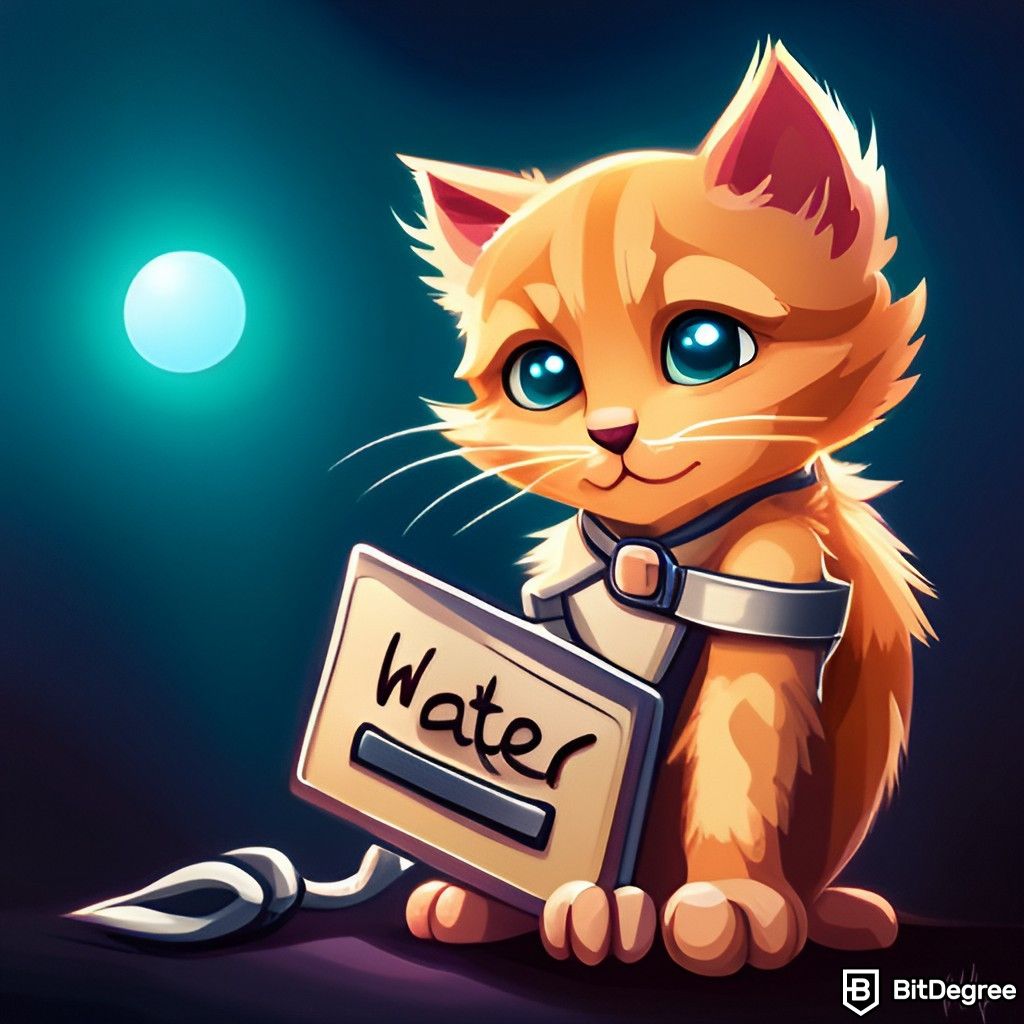 How to use Jasper AI: An image generated with Jasper displaying a kitten with a sign that has water written on it.