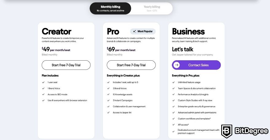 How to use Jasper AI: Jasper's pricing page.