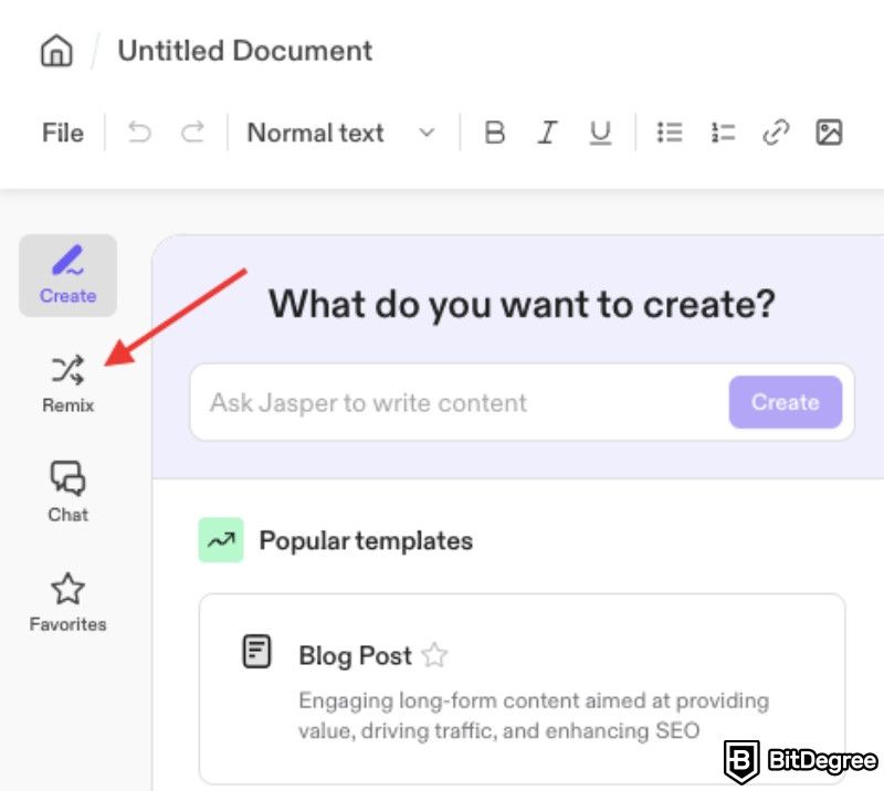 How to use Jasper AI: A red arrow pointing to the remix feature.