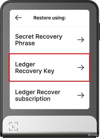 How to use Ledger Recovery Key: select restore using Ledger Recovery Key.