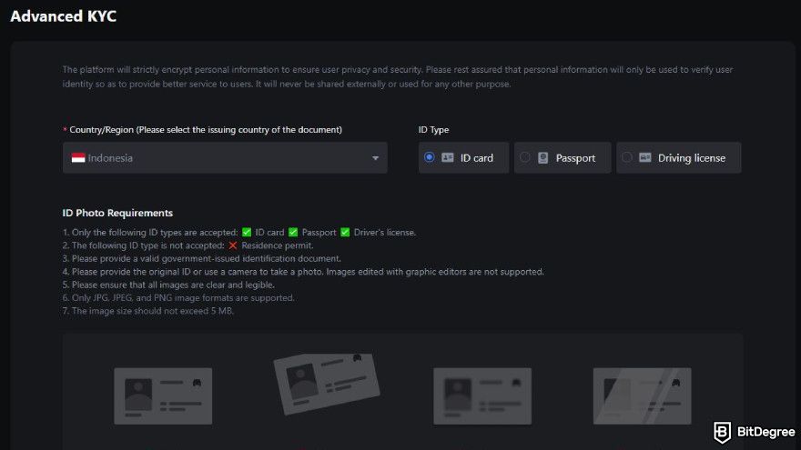 How to use MEXC: select your country of residence and ID type to upload.