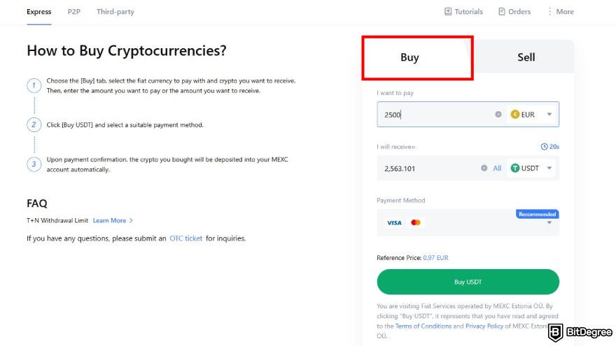 How to use MEXC: select the crypto you want to buy and the fiat you want to receive.