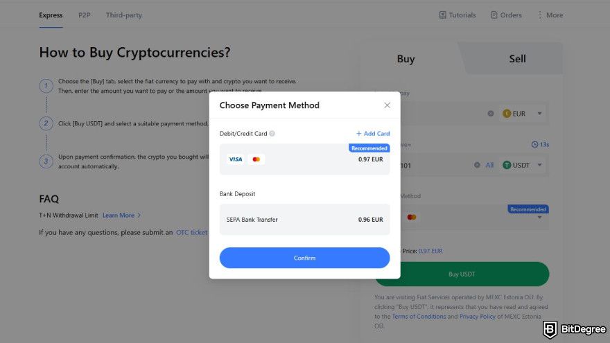 How to use MEXC: choose payment method.