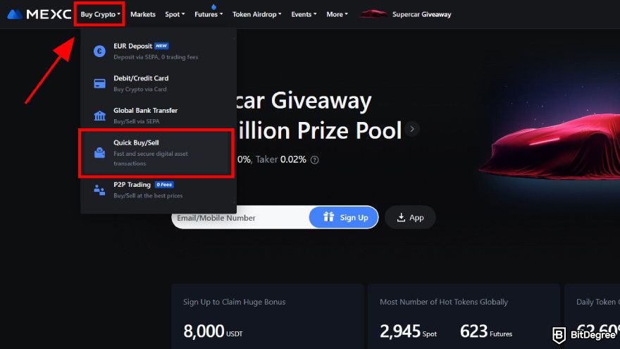 How to use MEXC: select quick buy/sell feature.