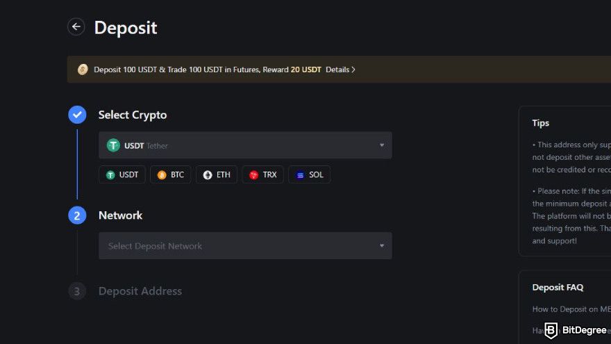 How to use MEXC: select the coin and the network.