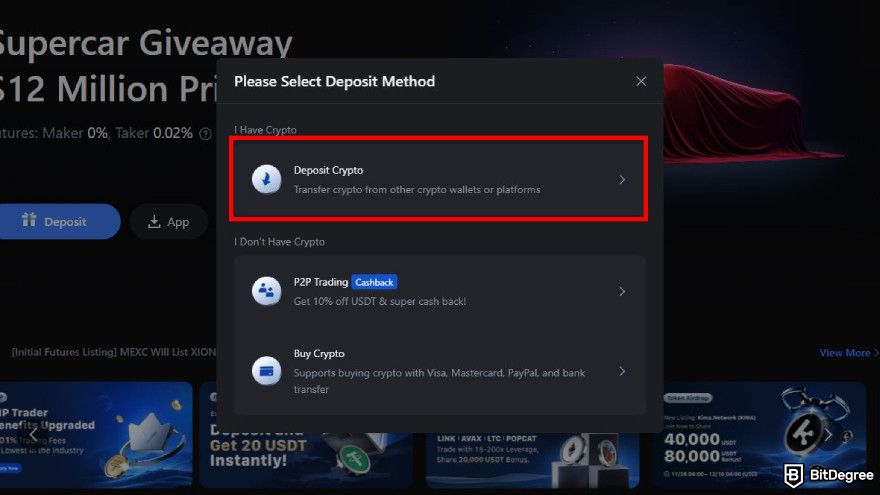 How to use MEXC: select deposit crypto option.
