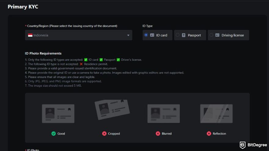 How to use MEXC: select your country and ID type to upload.