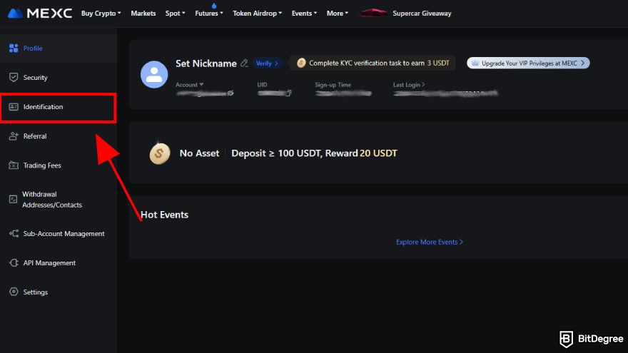 How to use MEXC: click on identification on your account.