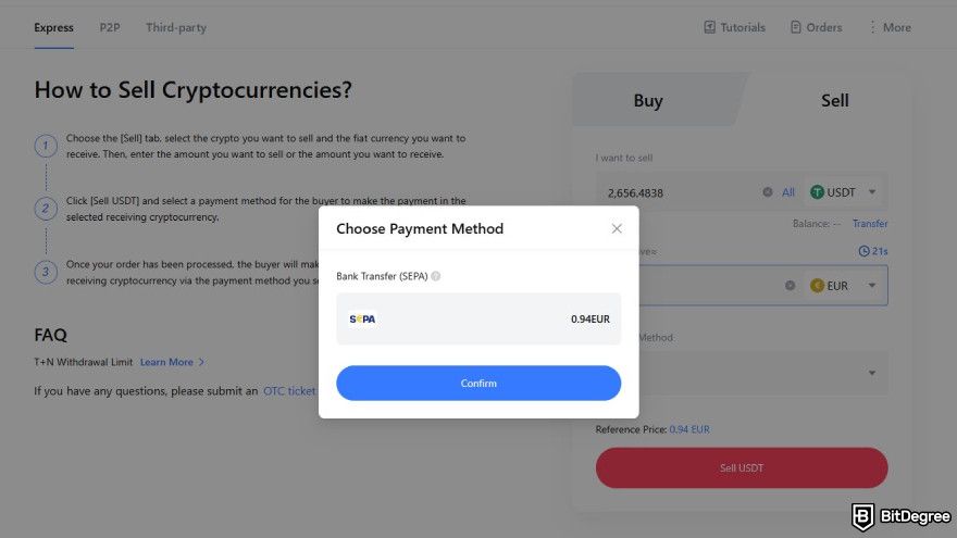 How to use MEXC: choose payment method for selling crypto.