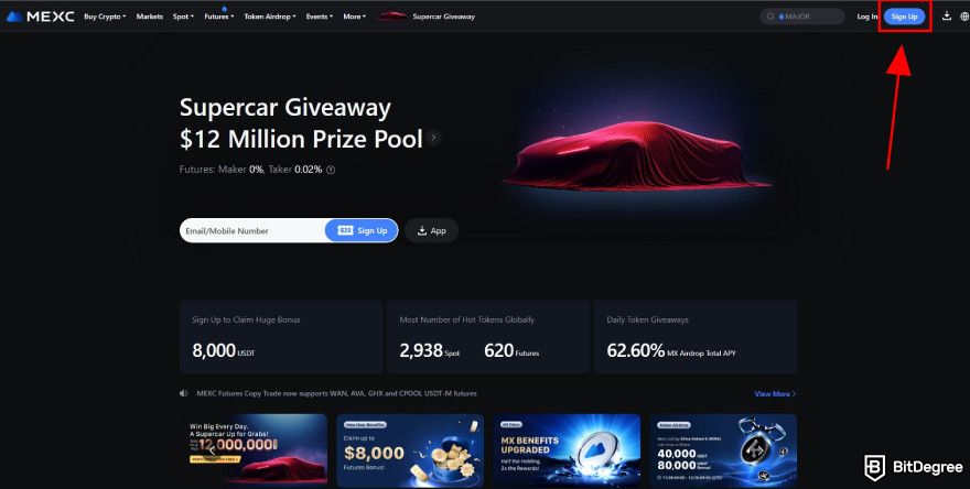 How to use MEXC: click sign up on the landing page.