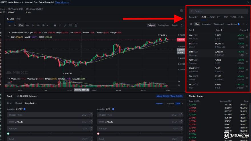 How to use MEXC: find the pair you want to trade.