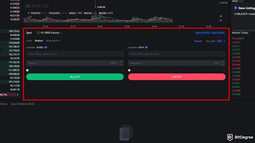 How to use MEXC: fill in the amount and select whether to buy or to sell.