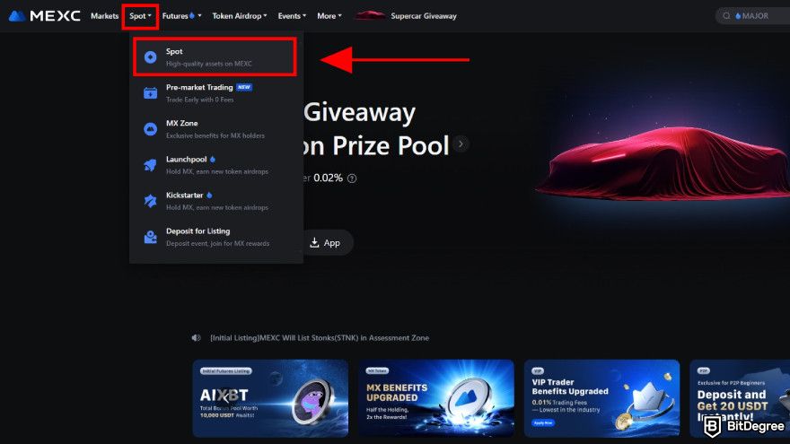 How to use MEXC: choose spot trading selection.
