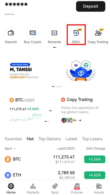 How to use Toobit: accessing DEX+ on phone.